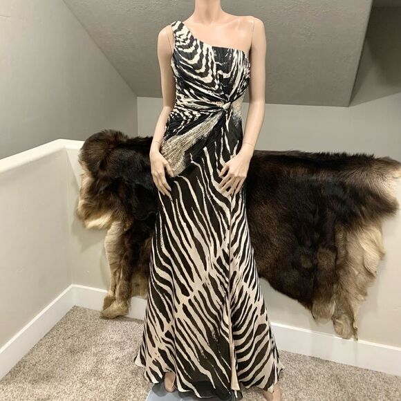 Sexy One-Shoulder Zebra striped Beaded Mermaid Gown - Picture 1 of 14